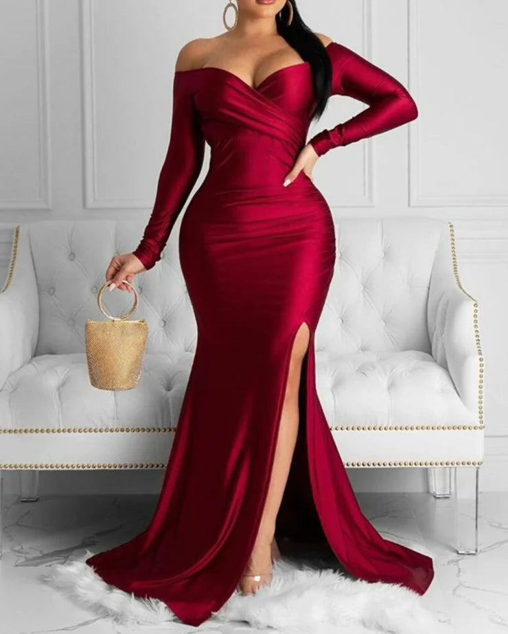 Sexy V-Neck Long Sleeve Dress with High Slit