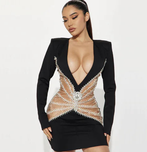 Graceful Rhinestone Tassel V-neck One-Piece Dress