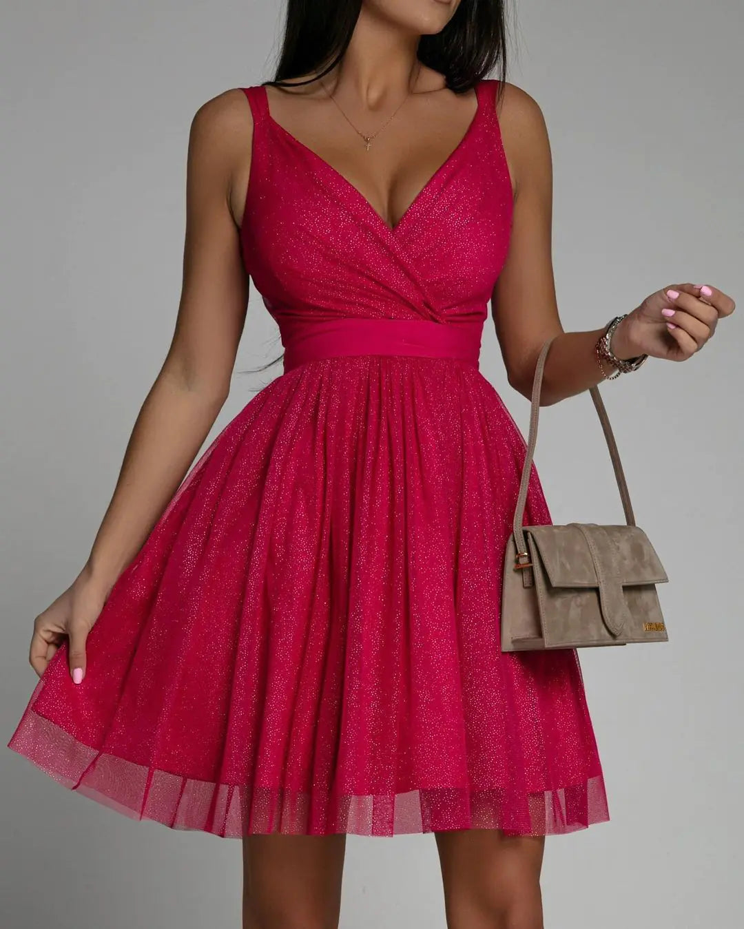 Elegant Glitter Sleeveless Deep V Neck Party Dress for Women