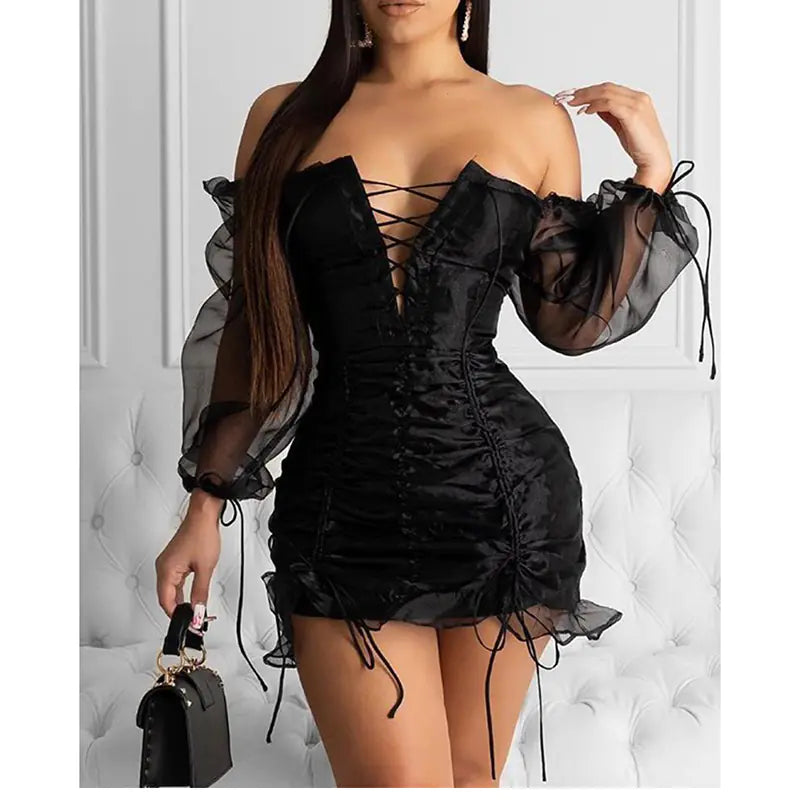 Black Mesh Lace-Up Sexy Party Dress for Women