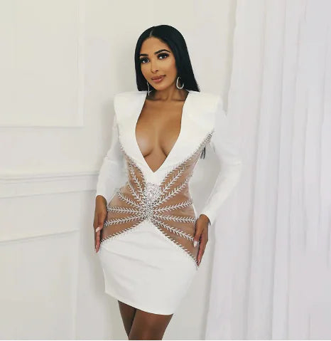 Graceful Rhinestone Tassel V-neck One-Piece Dress