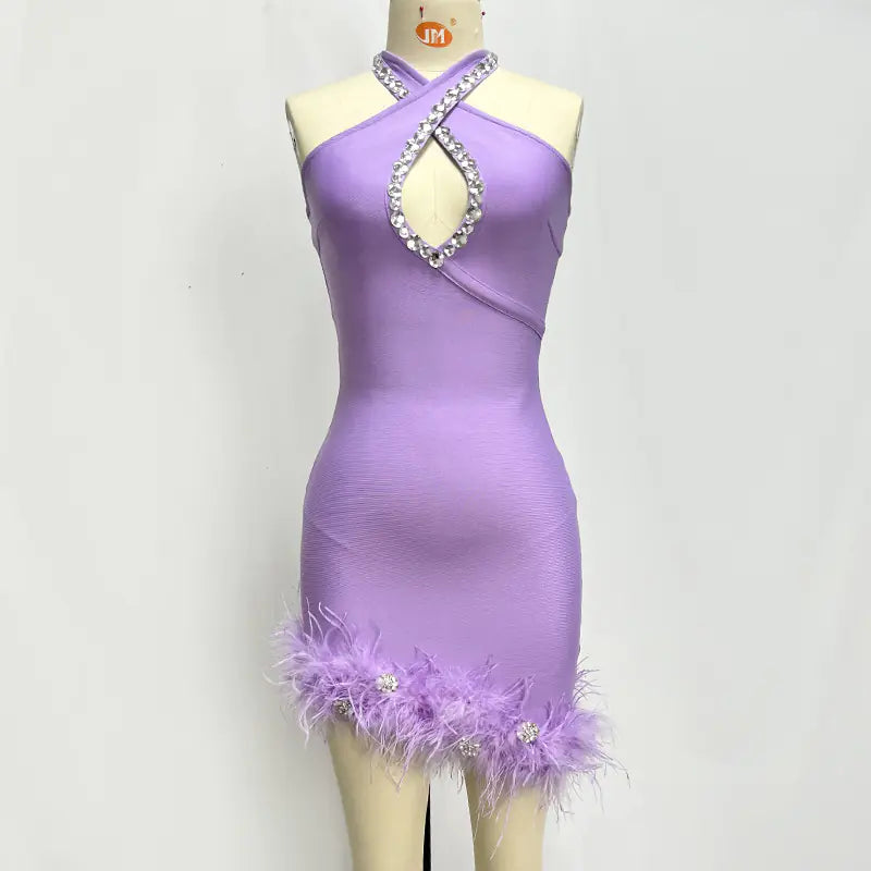 Purple Halter Rhinestone Feather One-Piece Dress