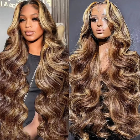 Lala Hair 34 Inch Ombre Lace Front Wig Human Hair 13x6 Highlight Body Wave Wigs Human Hair Pre Plucked 180 Density #4/27 Colored Glueless Wigs Honey Blonde Brazilian Lace Frontal Wigs Human Hair for Women