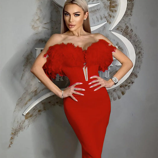 Elegant High-End Diamond Feather One-Piece Dress