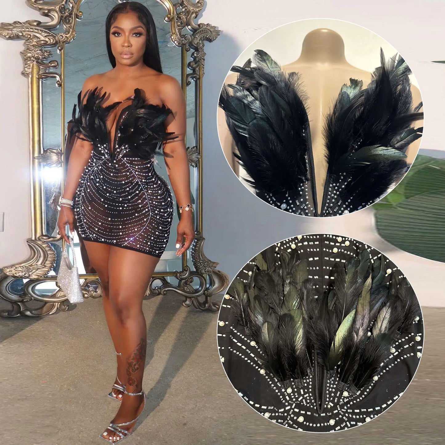 Sexy Feather Rhinestone Pearl Bodycon Dress