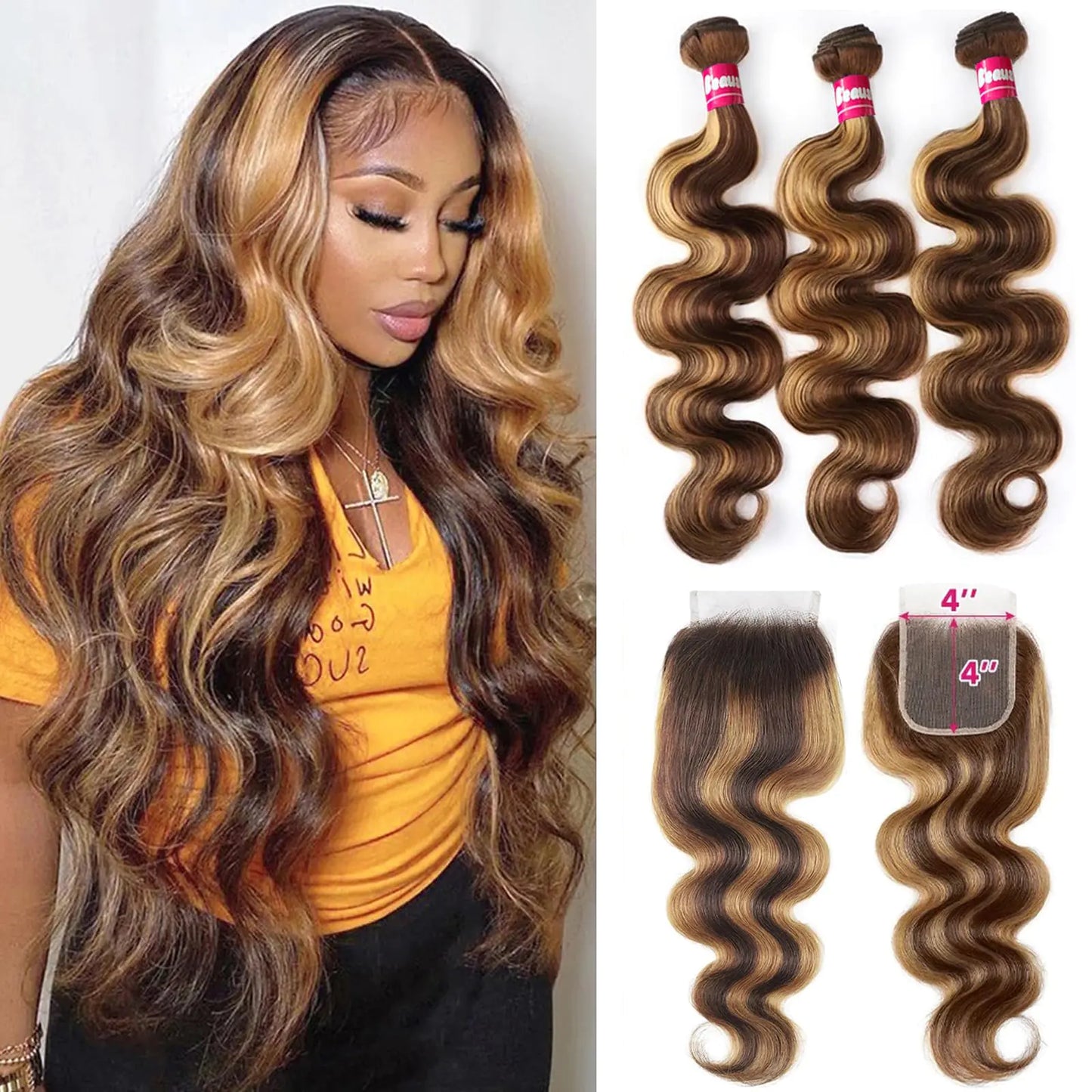 10A Human Hair Bundles with Closure Body Wave Ombre Bundles with Closure P4/27 Blonde Brown Bundles Human Hair with Closure Brazilian Remy Virgin Hair Body Wave Bundles and Closure(18 20 22+18inch)