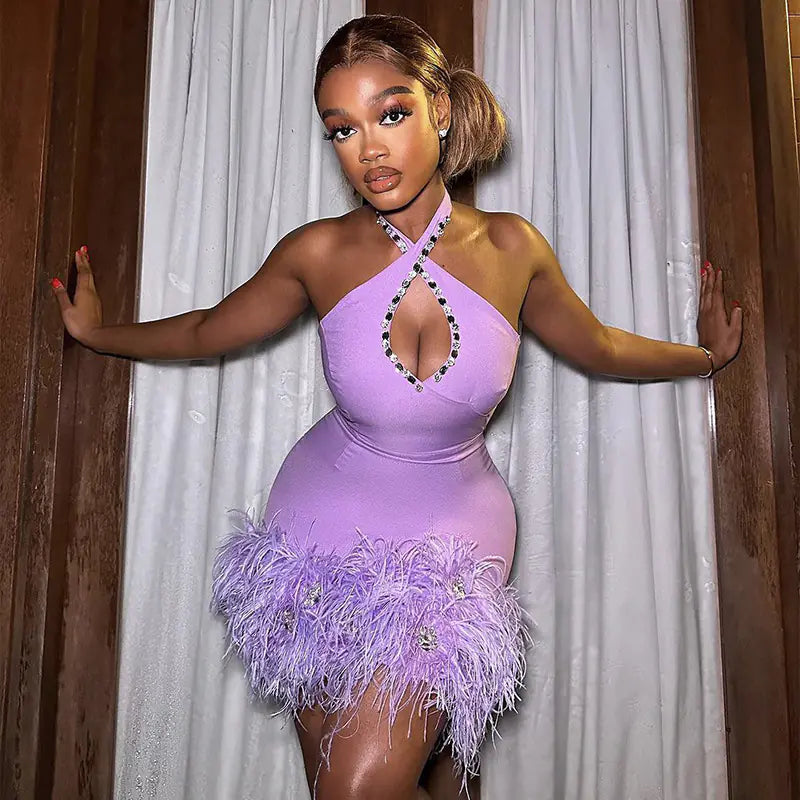 Purple Halter Rhinestone Feather One-Piece Dress