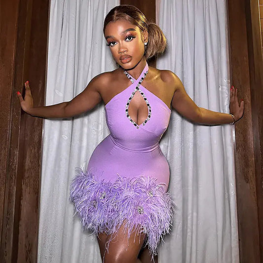 Purple Halter Rhinestone Feather One-Piece Dress