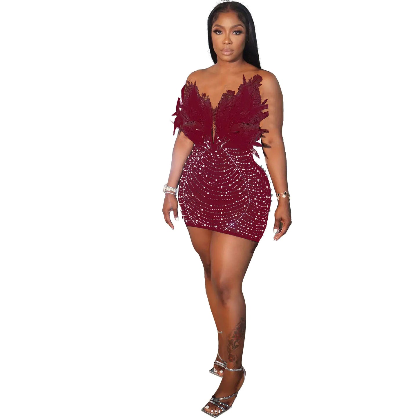 Sexy Feather Rhinestone Pearl Bodycon Dress