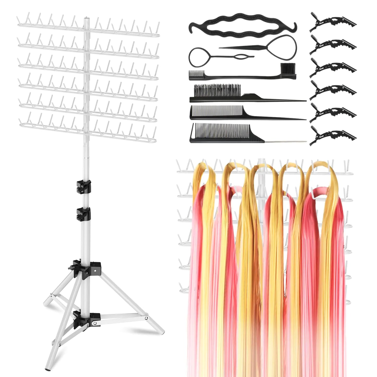 OFUSUY 144 Pegs Braiding Hair Rack Height Adjustable Braiding Hairstand 2-sides Hair Rack for Braiding Hair Braiding Rack Stand for hair with Stylist Hair Braiding Tools