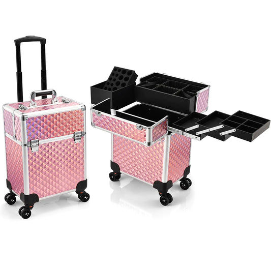Faquenc Rolling Makeup Case Extra Large Makeup Train Case 4 Tray with Sliding Rail Removable Layer Cosmetology Case on Wheels for Makeup Artists Nail Art Salon Barber Trunk Traveling Storage Pink