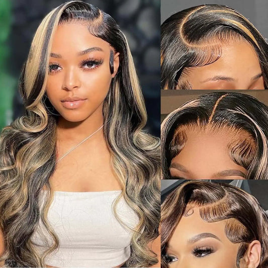 Ombre Lace Front Wig Human Hair Pre Plucked 1B/27 Highlight Lace Front Wig Human Hair 13x4 Body Wave HD Lace Front Wigs Human Hair 180% Density Colored Glueless Wigs Human Hair 22 Inch