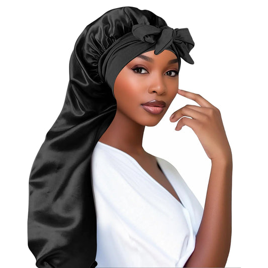 Adorila Extra Long Satin Bonnet for Women Adjustable Braid Bonnet with Tie Band Double Layer Elastic Silk Bonnet for Braids Hair Sleeping Cap (Black)